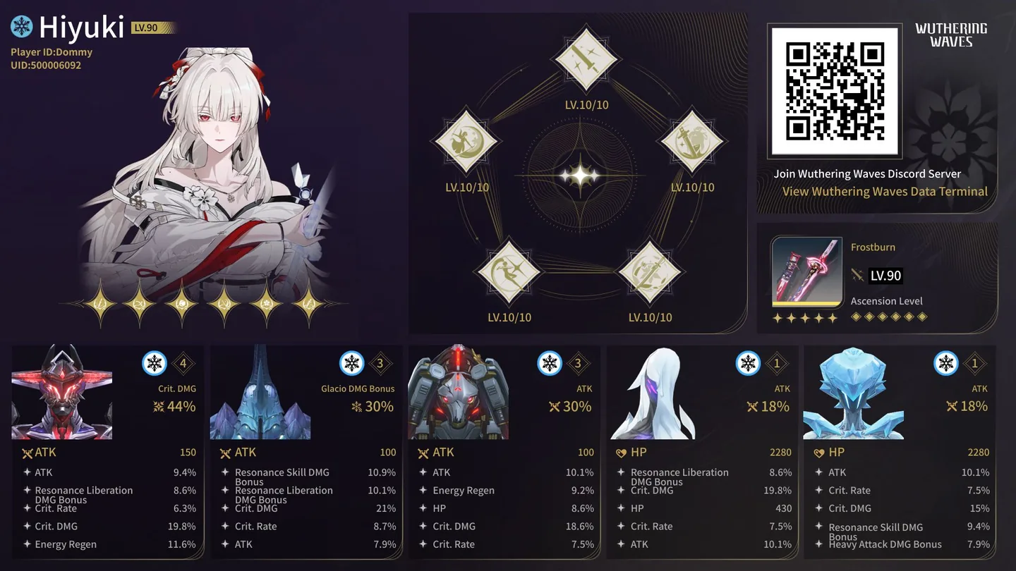 Example wuwa-bot build card: Hiyuki with weapon, forte, and five echoes